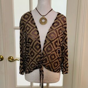 Chico’s brown and tan burnout shrug. Ties at waist. Chico’s size 2 (medium).